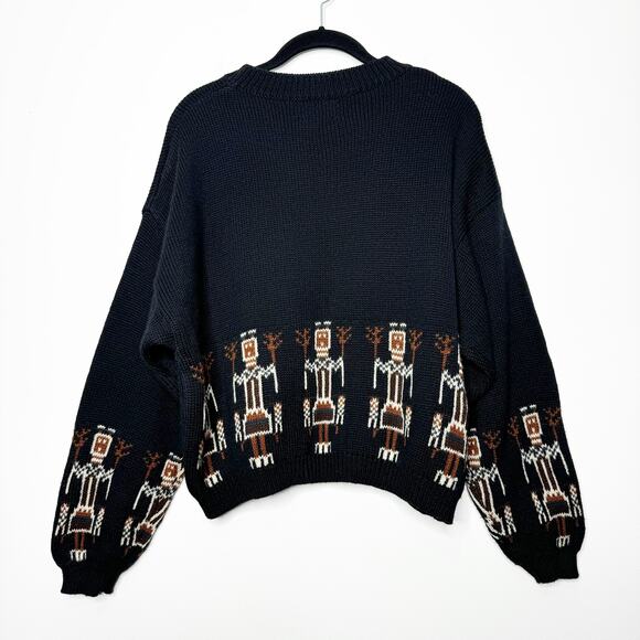 Vintage Benetton Italy Wool Blend Black Knit Southwest Aztec Graphic Sweater - Picture 1 of 7